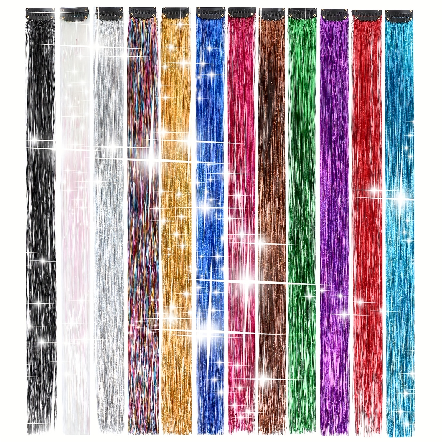 12pcs Clip In Hair Tinsel Kit 20 Inch Heat Resistant Fairy Hair Tinsel Kit  Glitter Hair Tensile Clip In On Sparkling Shiny Colorful Hair Accessories 