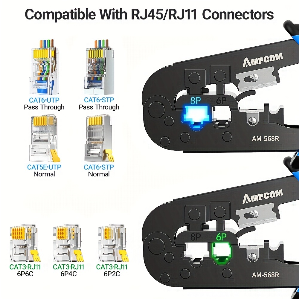 AMPCOM-Herramienta de engaste RJ45, crimpadora de Cable de red Ethernet  LAN, pelacables, alicates 8P RJ45 6P RJ12 RJ11 para conector Modular