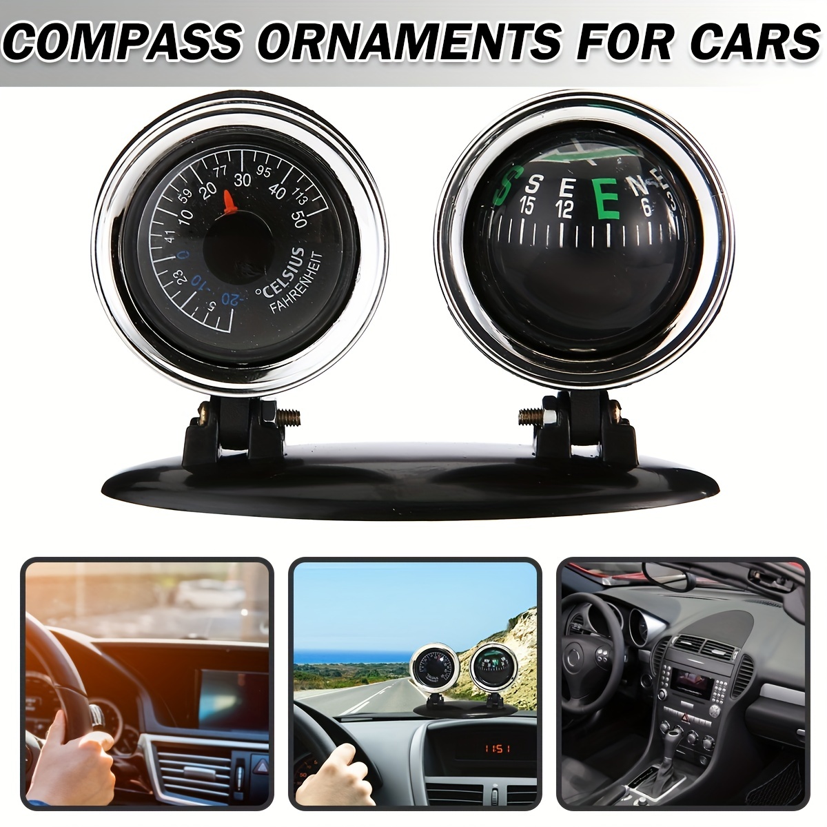 Black Outdoor 2-in-1 Car Thermometer & Compass Dashboard Ornament