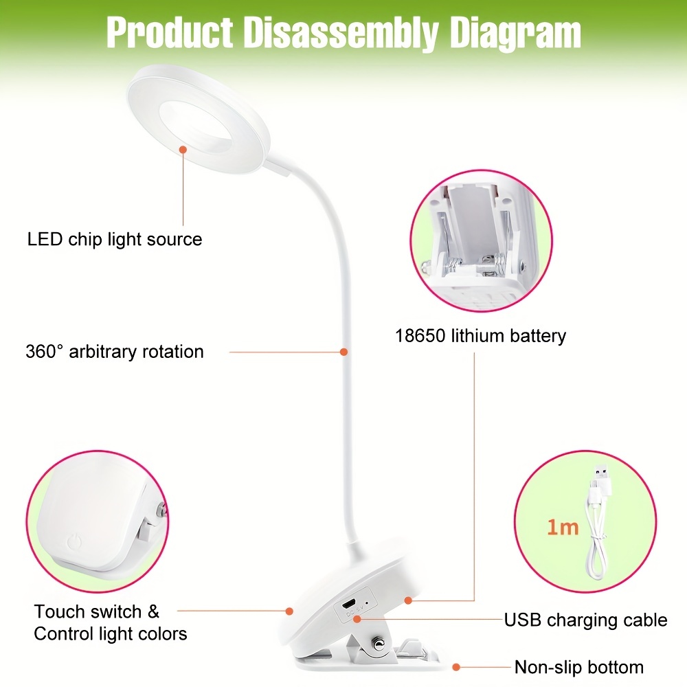 HHKQ Lampe À Pince Pour Lit Enfant, 2400mAh USB Rechargeable Lampe de  Chevet Enfant Dimmable LED Lampe de Lecture Pour Livre 360° Flexible Liseuse  Lampe Clipsable, 4000K 3 Luminosité,Vert : : Luminaires