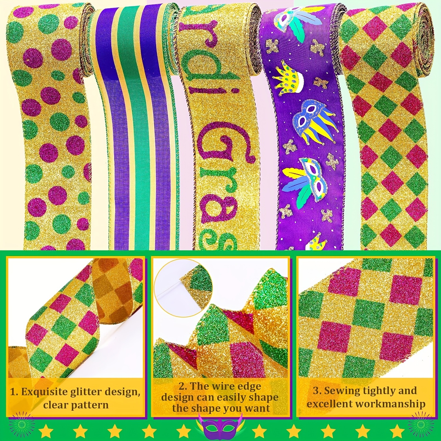 Mardi Gras Wired Edge Ribbon Purple Gold And Green Stripe - Temu