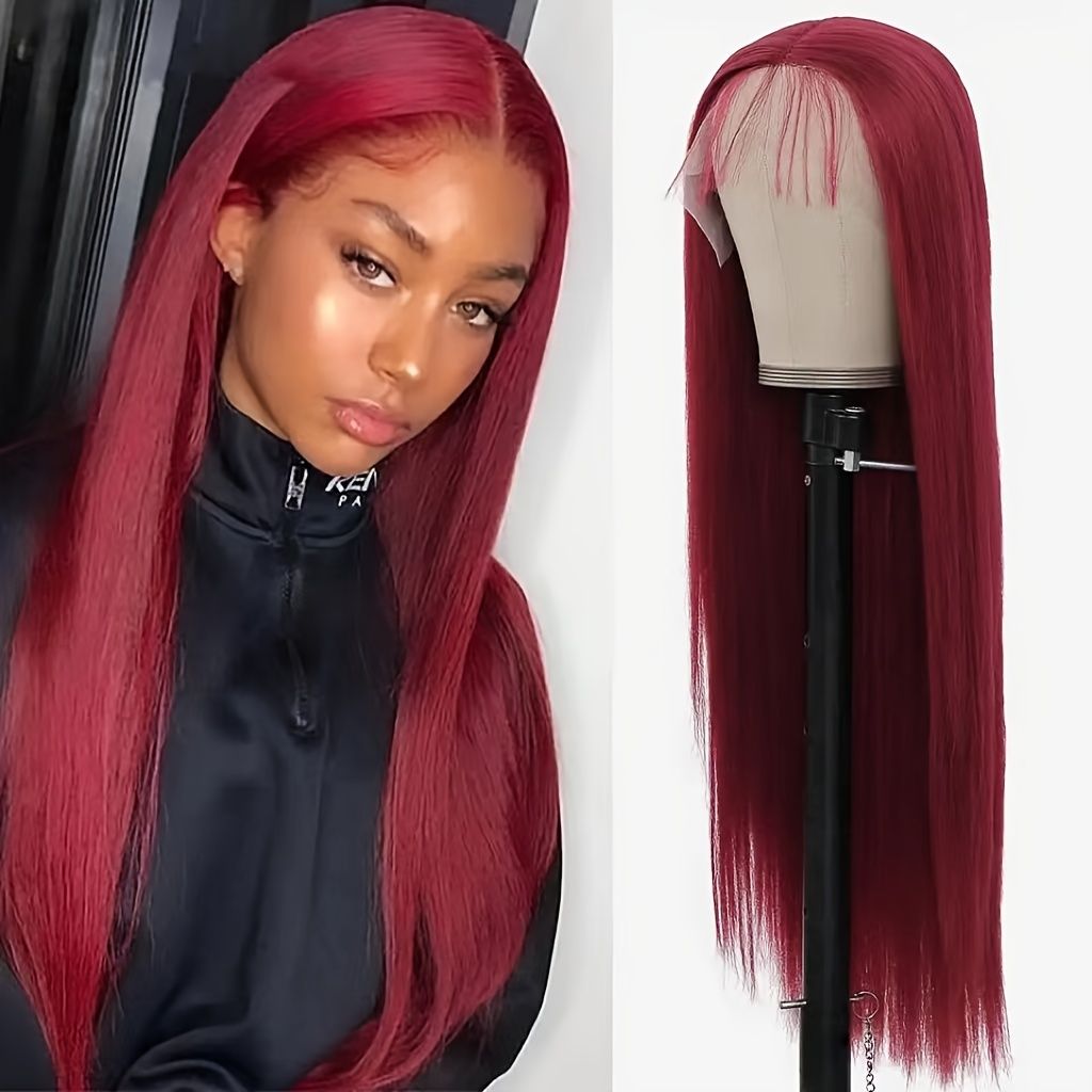 Long Bone Straight Synthetic Front Lace Wigs Burgundy Straight Wig For Women  Middle Part High Temperature Fiber Hair Human Hair Wigs - Beauty & Personal  Care - Temu