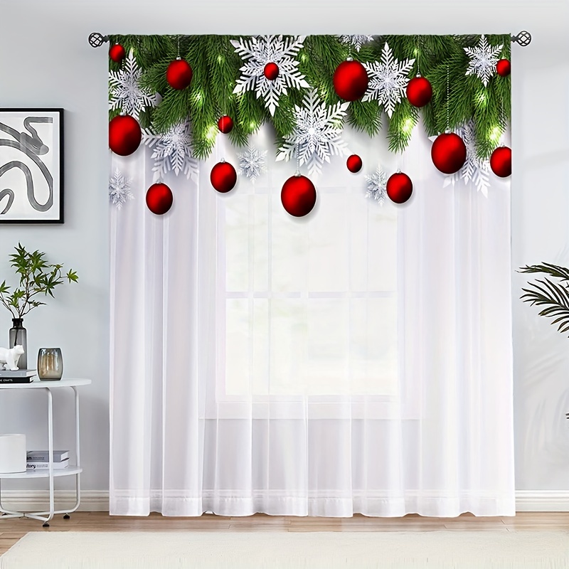 

1panel Leaf Balloon Christmas Printed Curtain, Rod Pocket Sheer Curtain Window Treatment For Bedroom Office Kitchen Living Room Study Home Decor