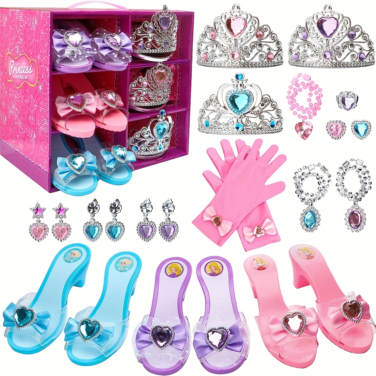 Princess Toys – Dress Up Shoes and Jewelry Boutique Set with 3 Pretend Play  Shoes, Tiara, Wand, Necklace, Earrings for Girls 3 4 5 6 7 8 year old Kids  