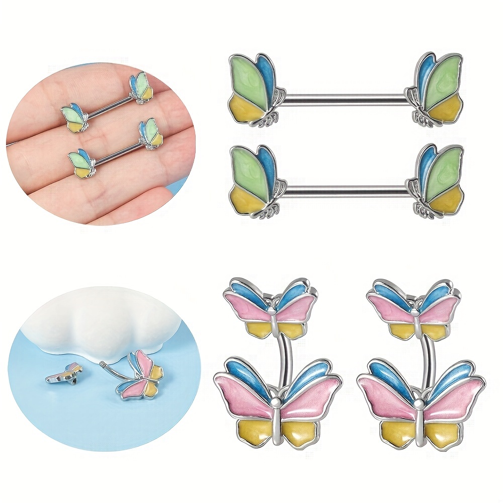 2pcs Cute Cat Bear Dangled Nipple Rings Shield Bar Barbell 14G Butterfly  Flower Sexy Nipple Piercing Steel Breast Cover Ring