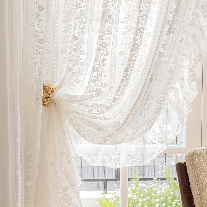 1 Stück Weiß Gestreifte Spitze Blumen Durchsichtige Vorhänge Französisches  Vintage-Rüschen-Design Romantische Voile-Lichtfilterung Fensterbehandlung