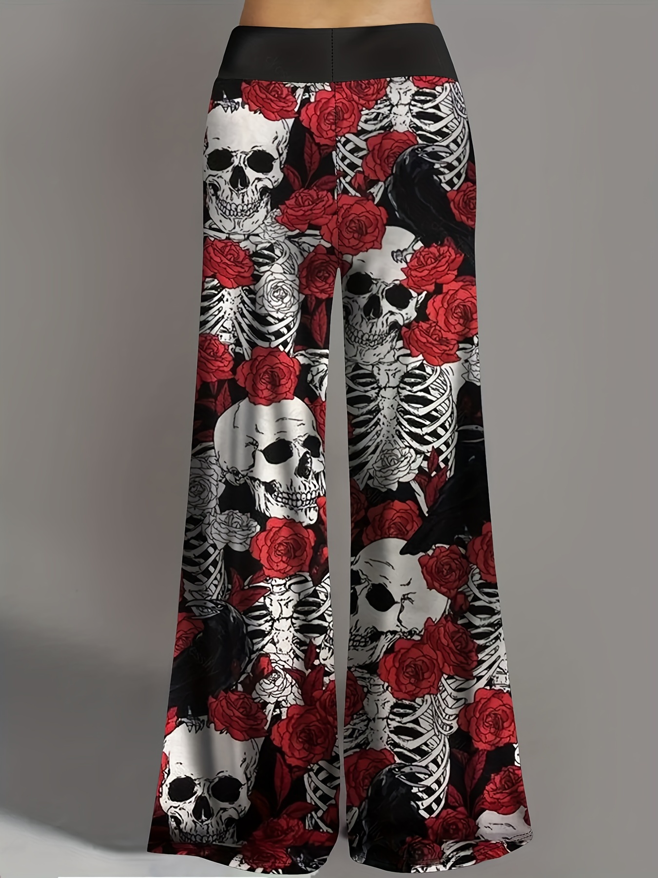 Skull Pattern Elastic Waist Wide Leg Pants, Casual Loose Pants For Spring &  Fall, Women's Clothing