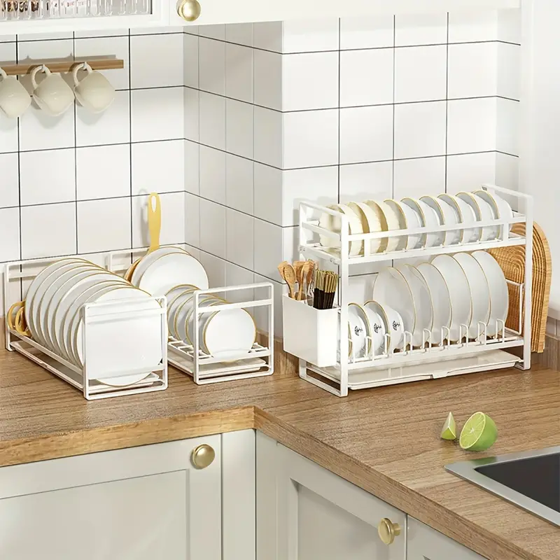 Dish Drying Rack, Single/double-tier Dish Rack For Kitchen Counter, Dish  Drainer With Drainboard, Plate/cup Holder, Dish Organizer With Cutlery  Holder, Kitchen Accessories White Or Black - Temu