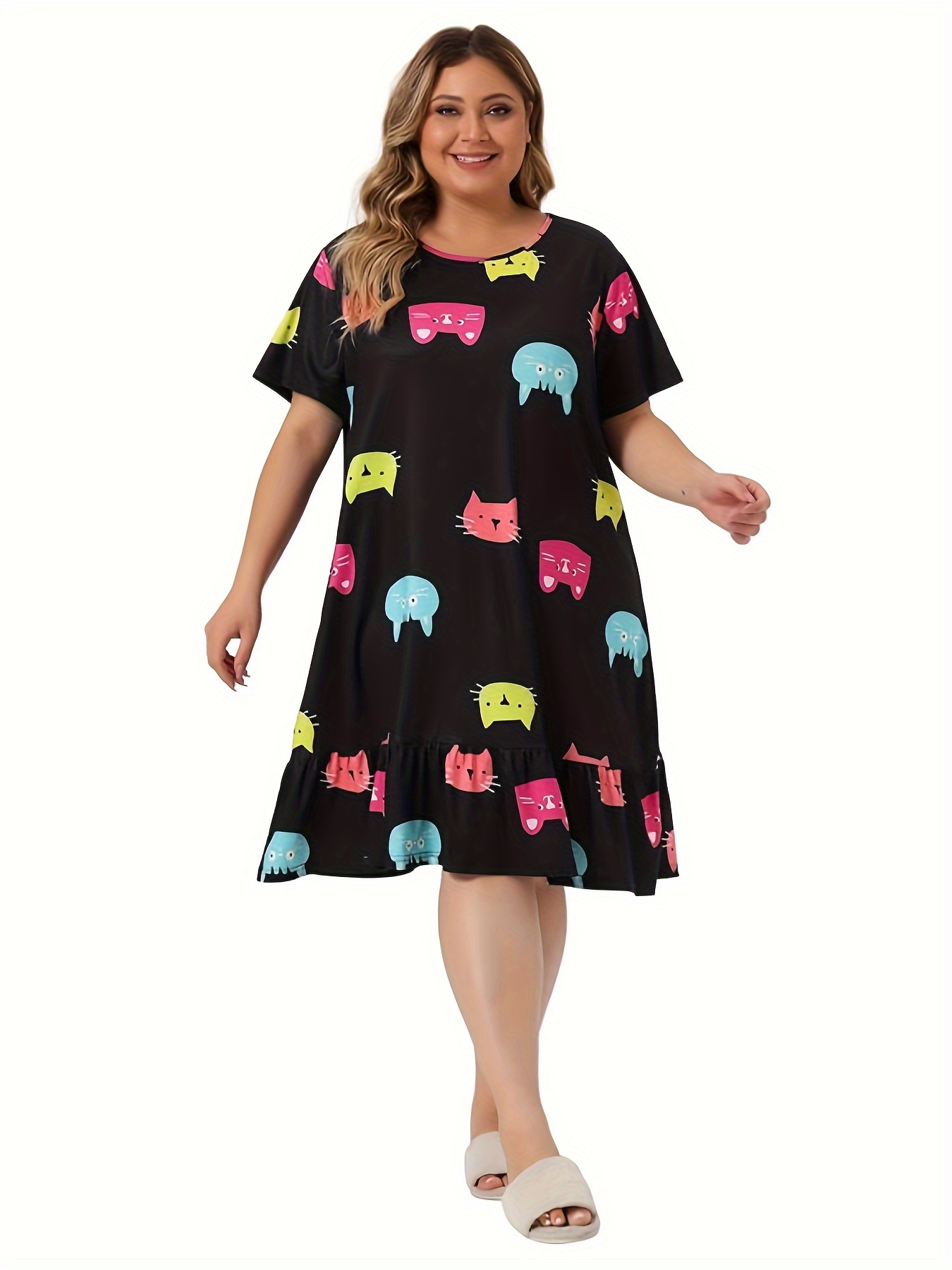 Colorful Cat Print Nightdress with Ruffle Trim