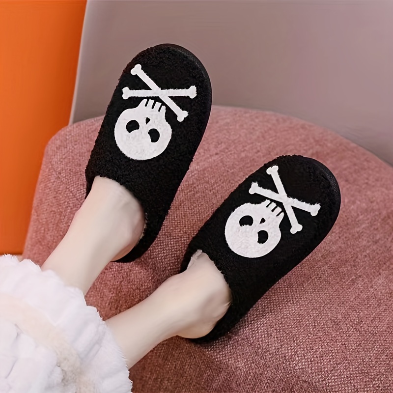 halloween skull ghost pattern plush slippers closed toe soft details 5