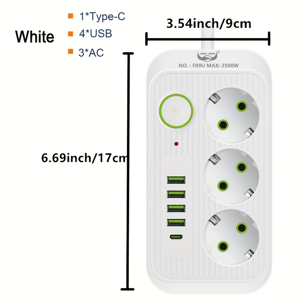1pc EU Plug Power Strip, 2M Extension Cable, Multiprise 3AC Outlets  Electrical Socket With 4 USB 1 Type-C Network Filter, Fast Charging