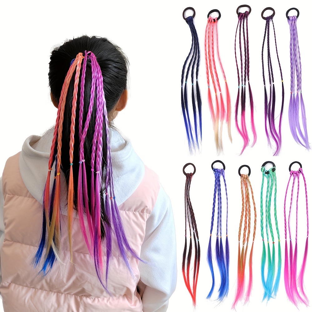 1/4/6/10pcs Girl's Rubber Bands Hair Extensions, Human Hair Extensions, Crazy Hair Day Accessories Colorful Wigs Colored Braids for Women, Hair