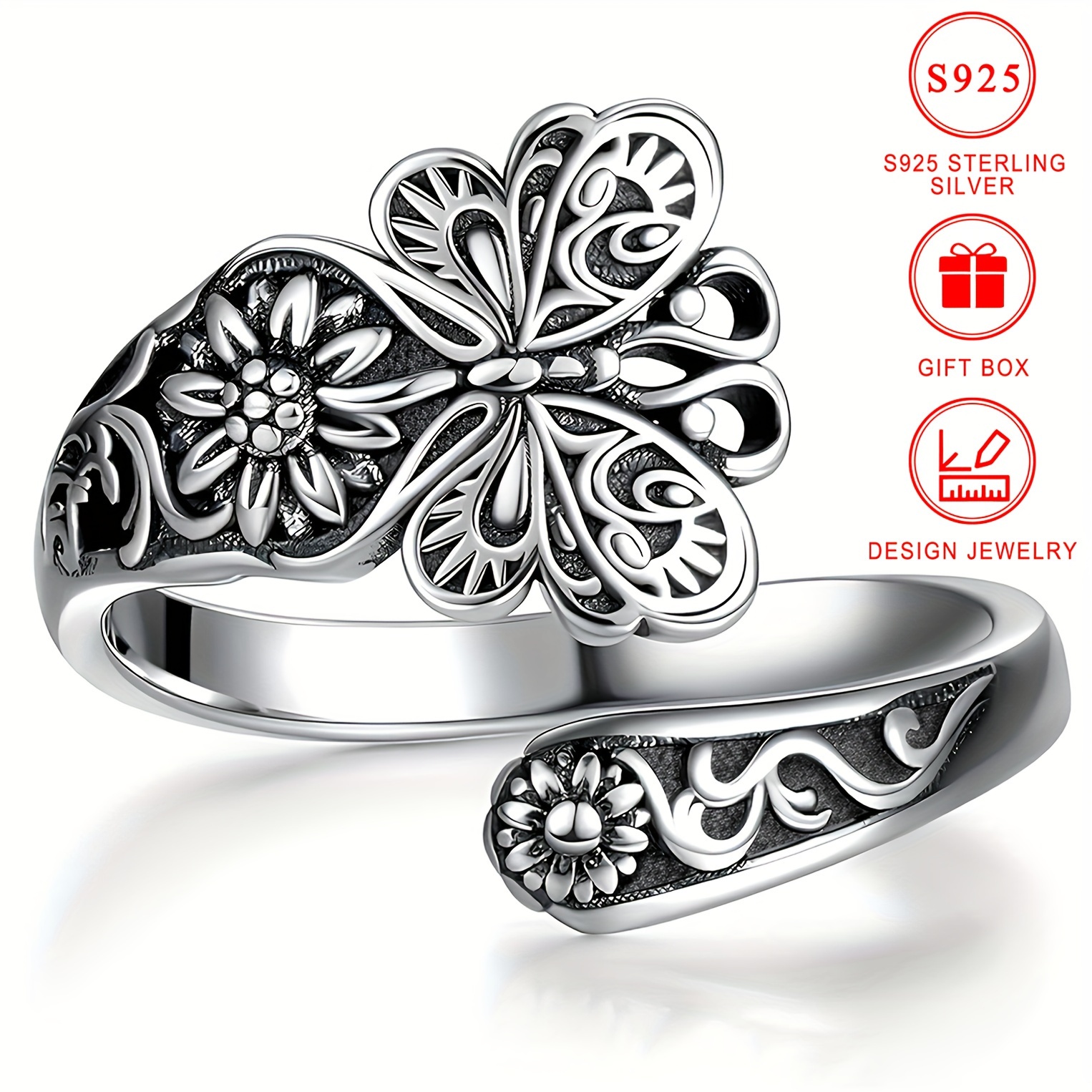 

925 Sterling Silver Spoon Ring Retro Butterfly & Flower Carving 18k Plated Symbol Of Beauty And History High Quality Gift For That Special Person With Gift Box