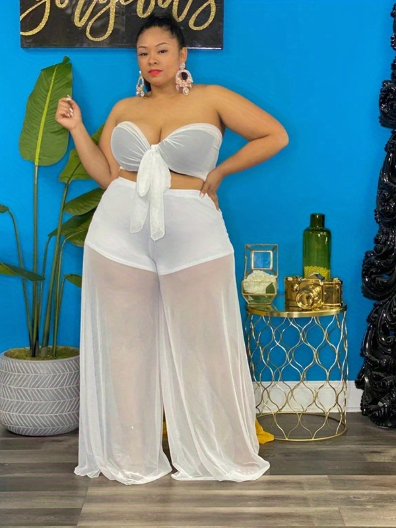 Plus Size Sexy Outfits Set Women's Plus Solid Semi Sheer - Temu