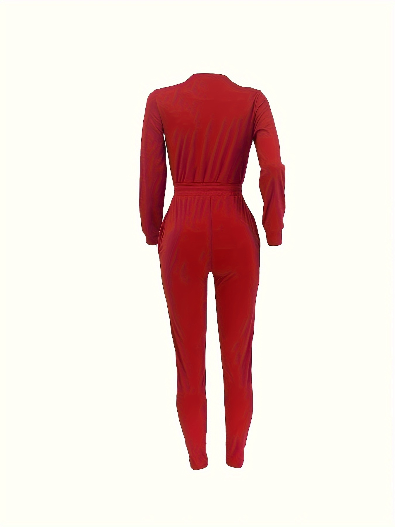solid v neck drawstring jumpsuit versatile long sleeve Temu