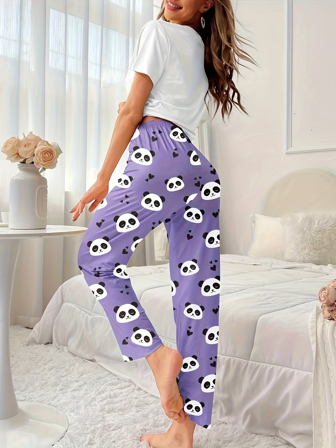 Cartoon Panda Print Pajama Set Short Sleeve Crew Neck Top - Temu