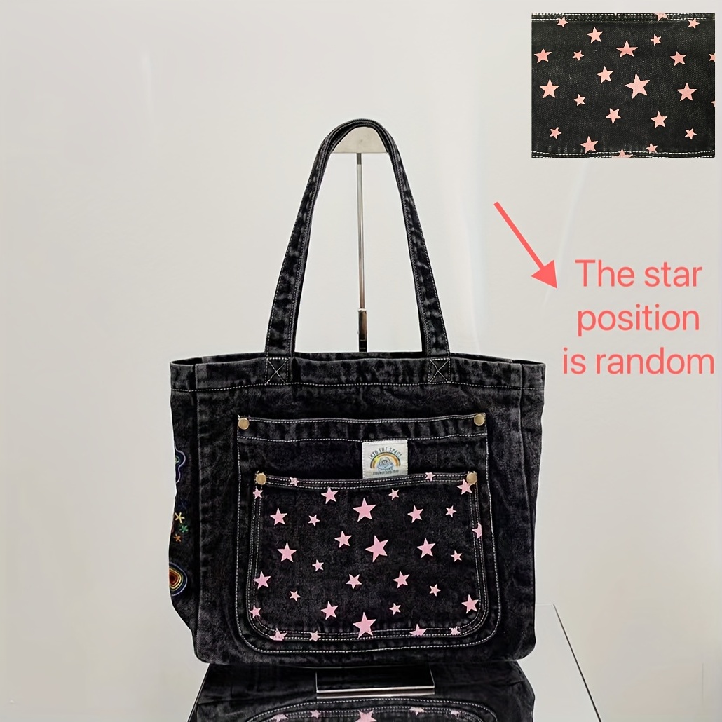 Y2k Denim Star Embroidered Tote Bag Large Capacity Fashion - Temu