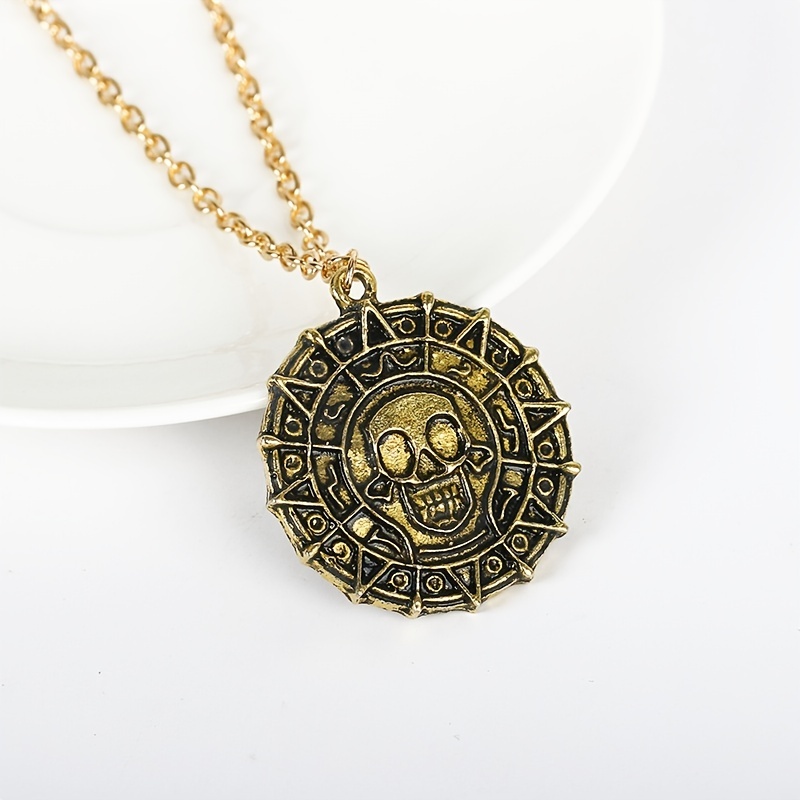 Graceful Goods Caribbean Pirate's Treasure Aztec Skull Coin Medallion  Necklace