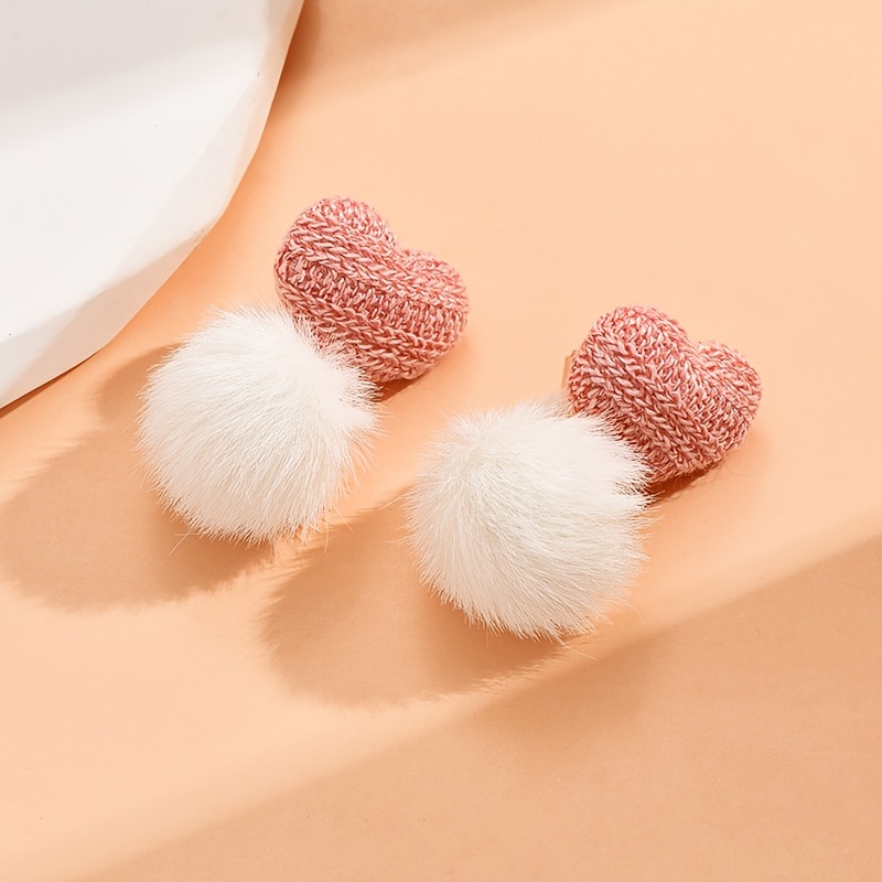 Heart Shaped Pink Earrings with Pom Pom