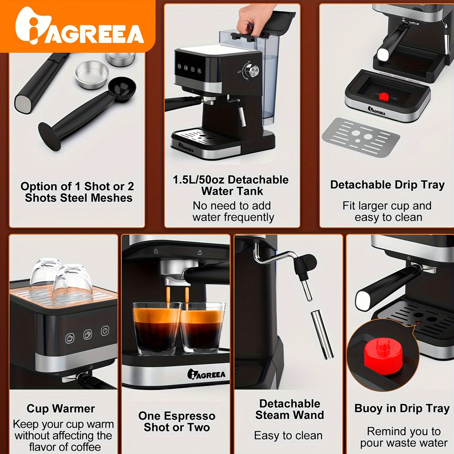 Ihomekee Máquina de café expreso de 15 bar, cafetera espresso con vapor  comercial para café con leche y capuchino, cafetera Expresso con tanque de