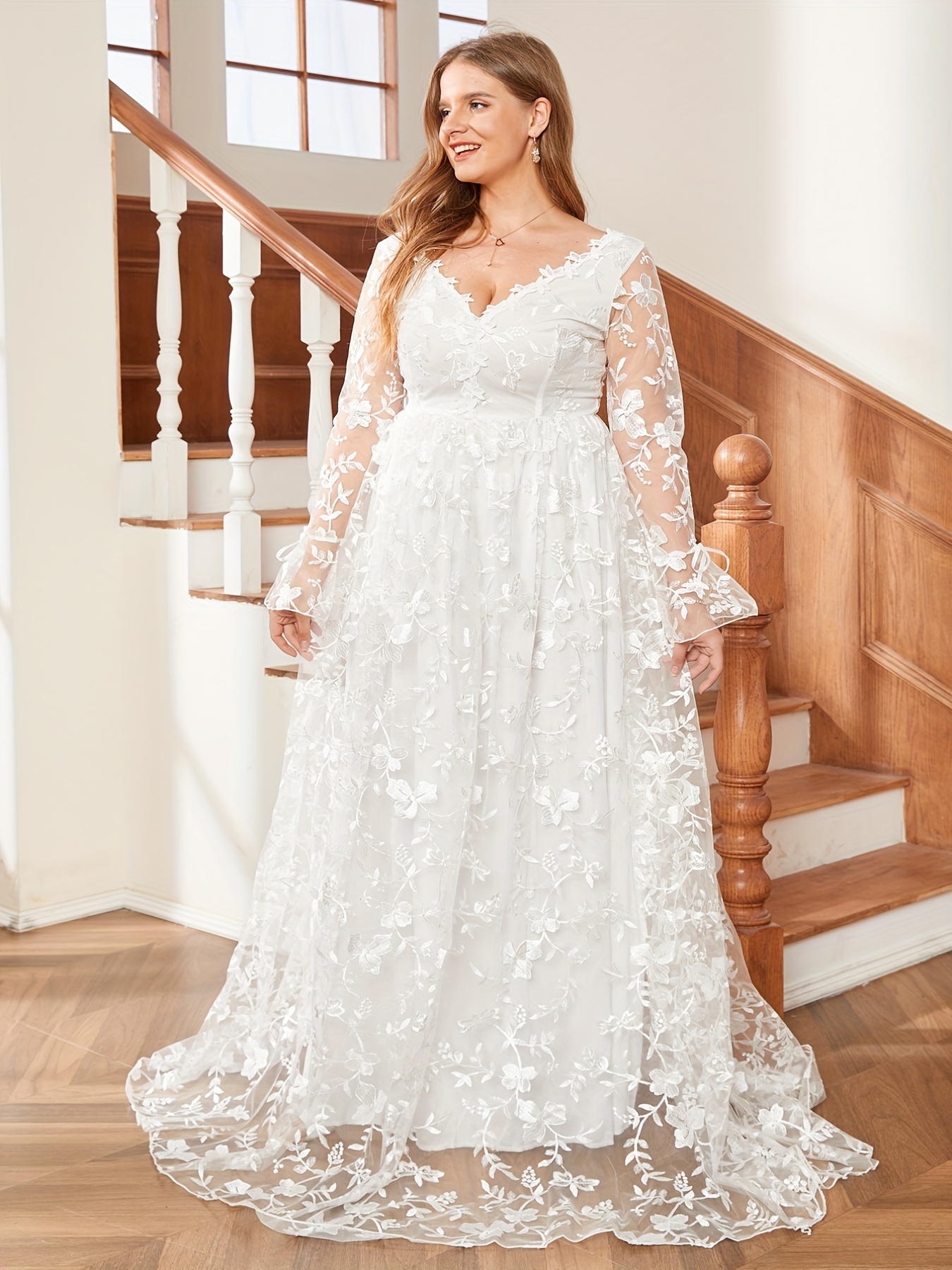 Large Floral Lace Long Sleeve Wedding Dress