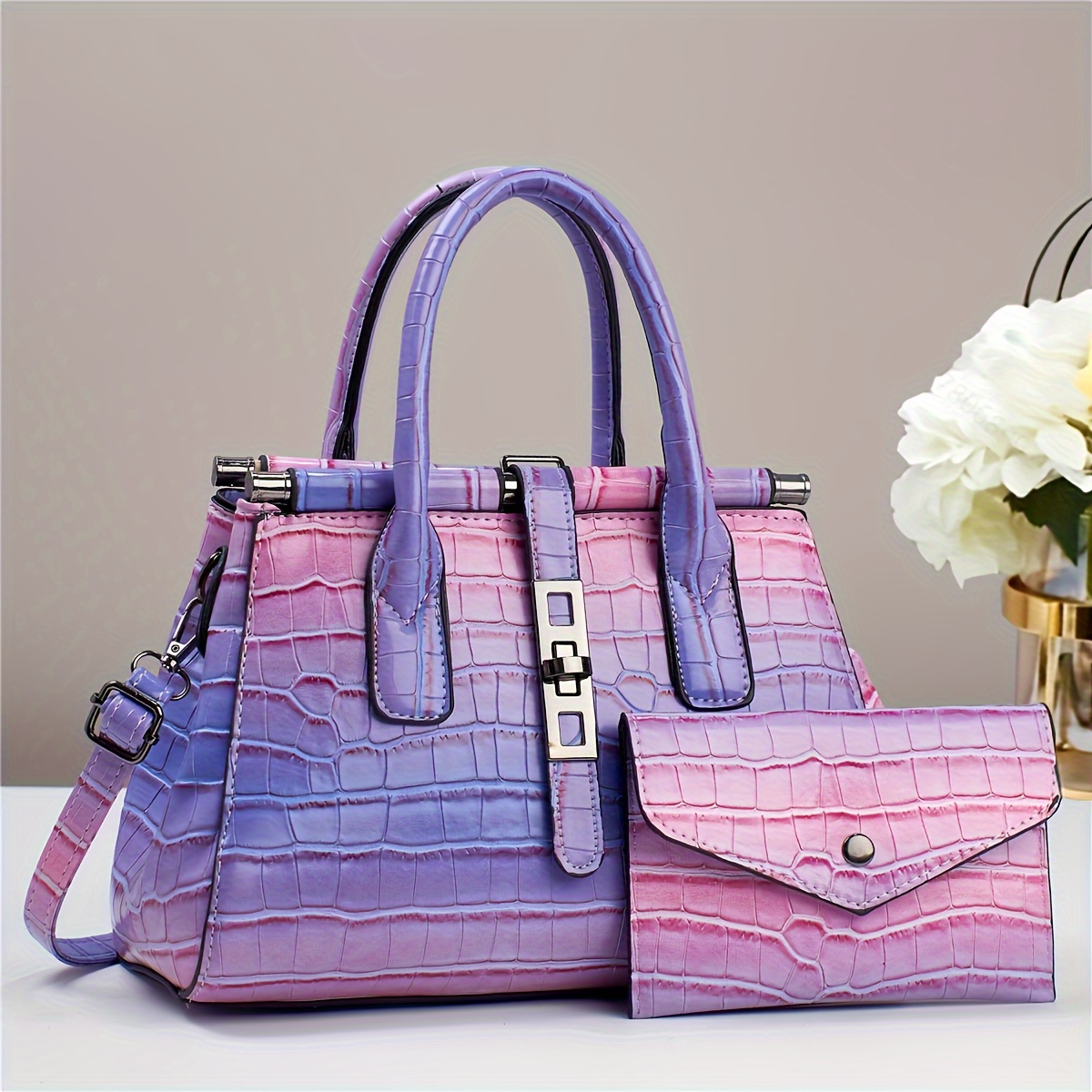 

2pcs Trendy Gradient Color Tote Bag Set, Multi-pocket Divider Crocodile Pattern Shoulder Bag & Coin Purse, Perfect Handbag For Commuting
