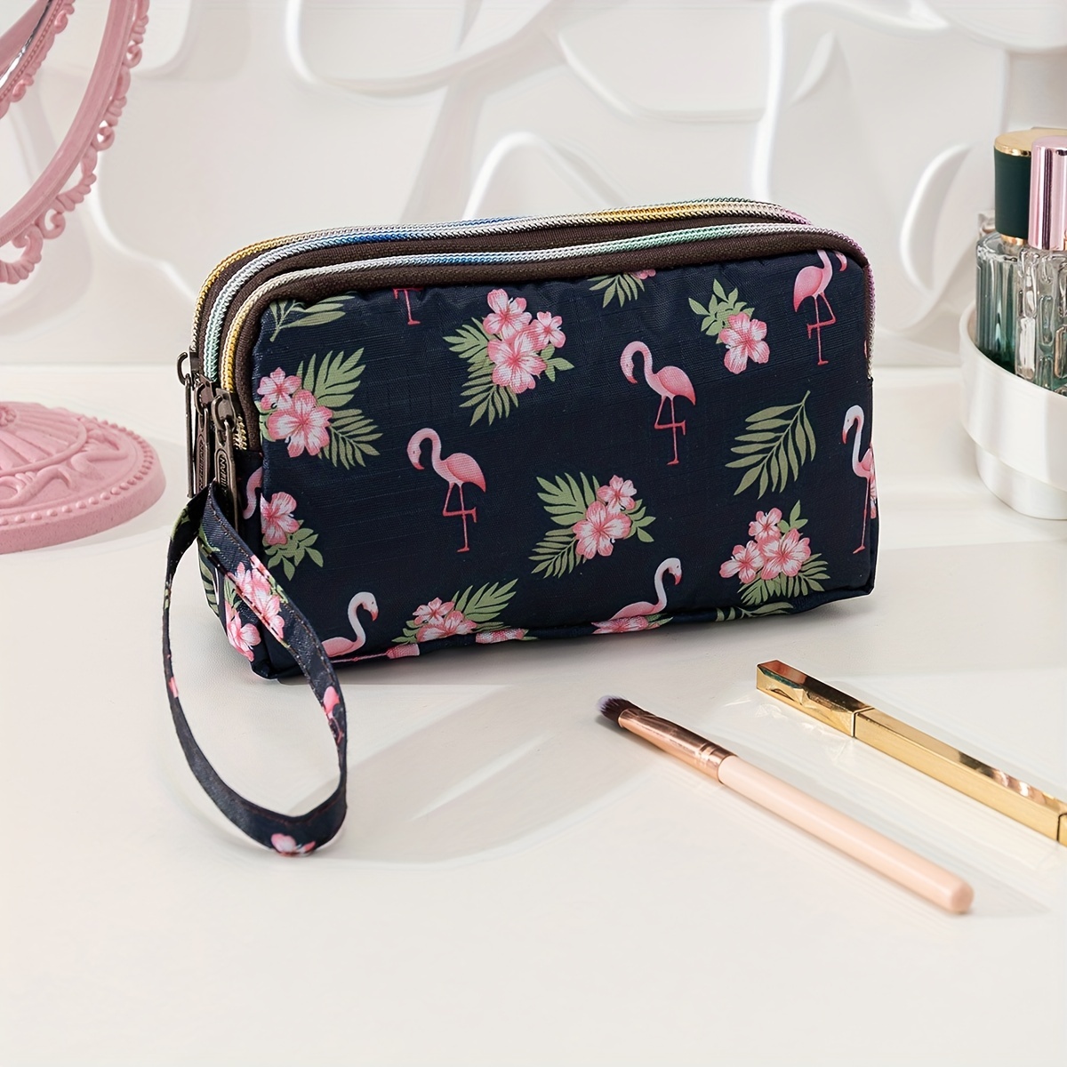 

Tropical & Flamingo Print Long Wallet With 3 Zippers Roomy Elegant Makeup Pouch Bag Travel Portable Cosmetic Accessories Organizer For Ladies And Women Gift