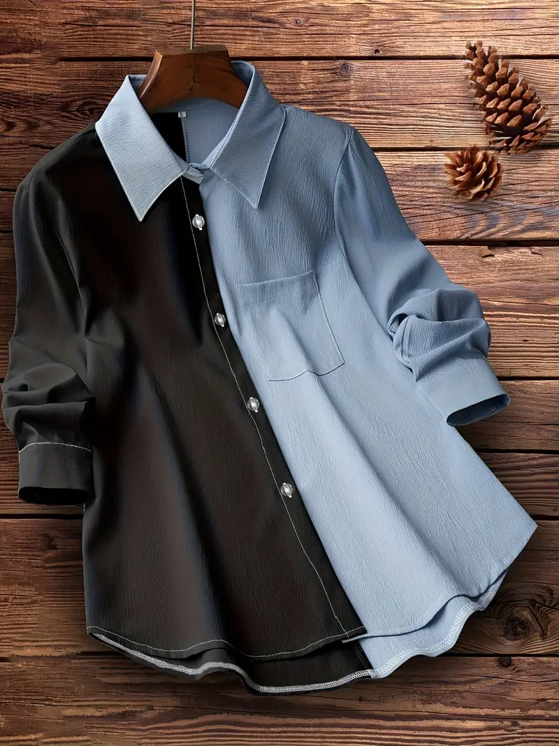 colorblock polo collar button shirt casual long sleeve shirt for spring fall womens clothing details 3