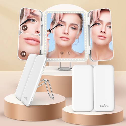 Tri-Fold Makeup Mirror Vanity Mirror With 3 Color LED Lights X1/X3/X7 Magnification