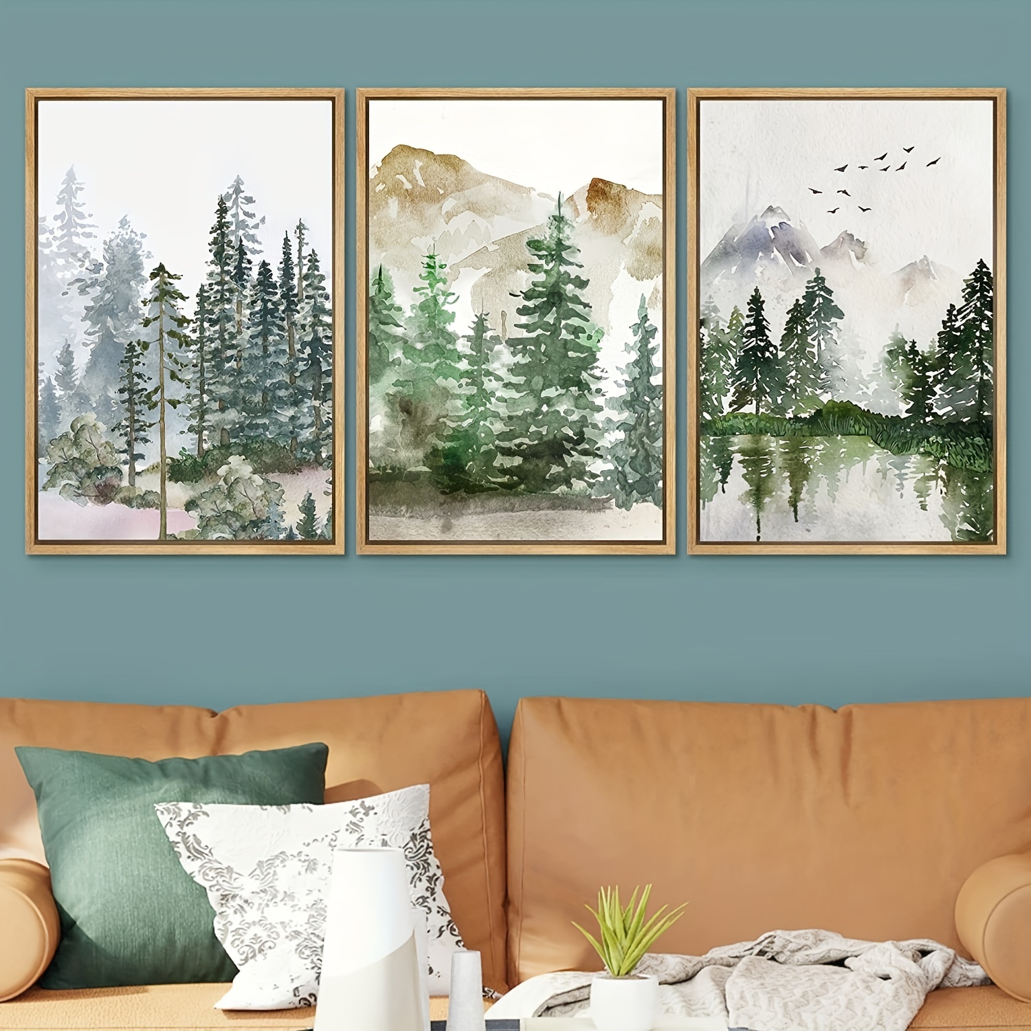 IDEA4WALL Framed Canvas Print Wall Art Set Pastel Mountain Range Forest Mist Nature Wilderness Illustrations Modern Art Decorative Rustic Calm/Zen for