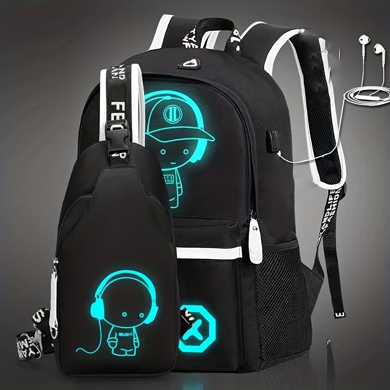 TEMU 2pcs Trendy Luminous Pattern Backpacks + Shoulder Bags Set, Comfy Usb Charging Port Design Water-resistant Durable Zip Up Bags For Men & Women