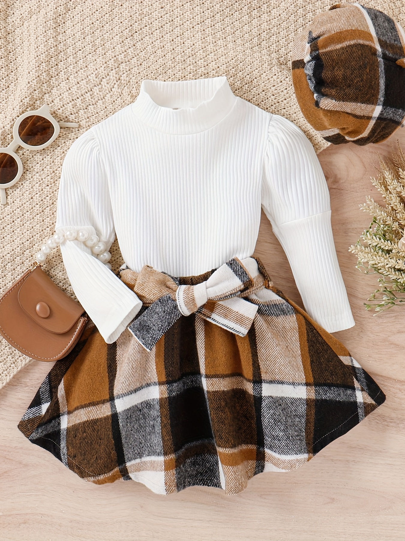 Cute Winter Dressy Sets  Girls Puff Turtleneck Top & Plaid Skort