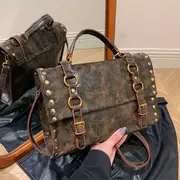 retro rivet decor handbag literary pu leather crossbody bag simple large capacity briefcase bag details 9
