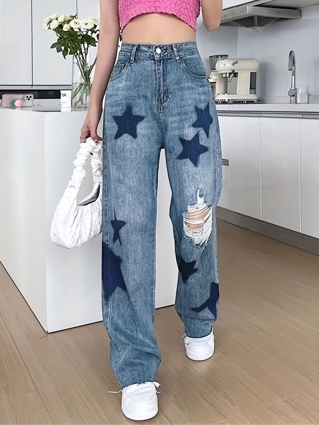 Straight Leg Jeans for Women Ripped Distressed Slit High Waist