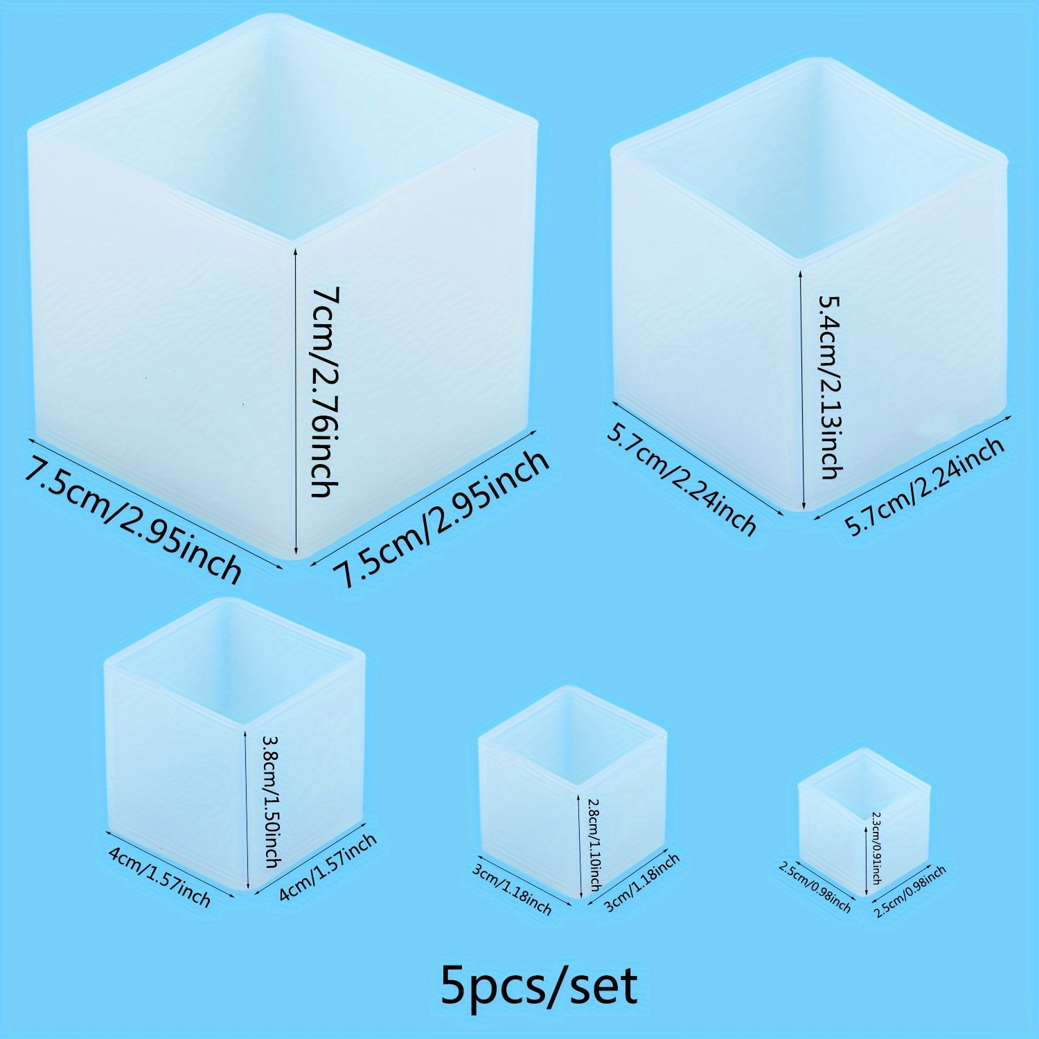 Moldes de resina de silicona, 5 moldes de fundición de resina, incluyendo  esfera, cubo, pirámide, cuadrado, redondo con 1 taza medidora y 5 pipetas  de