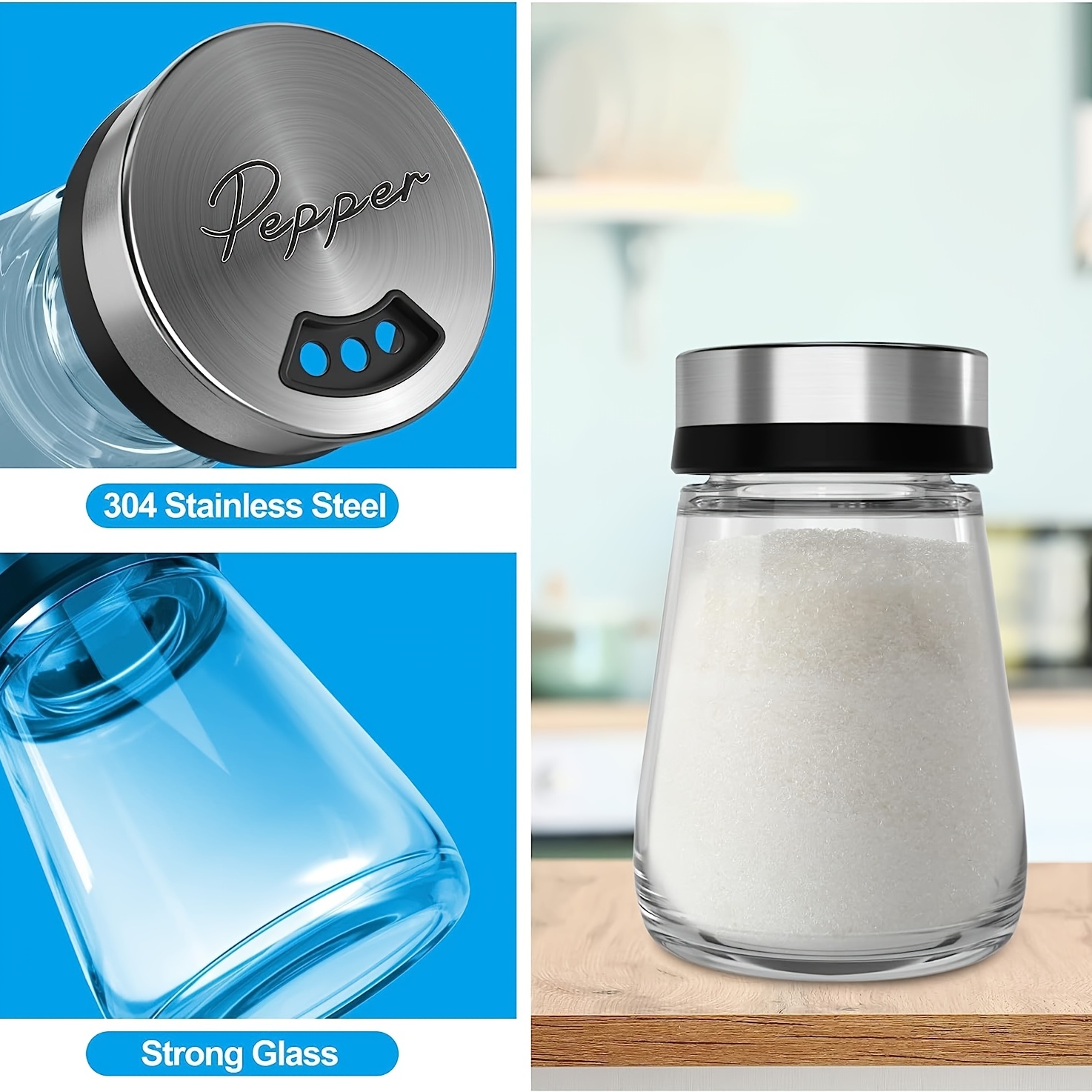 Salt and Pepper Shakers with Adjustable Pour Hole, 3 Oz Salt