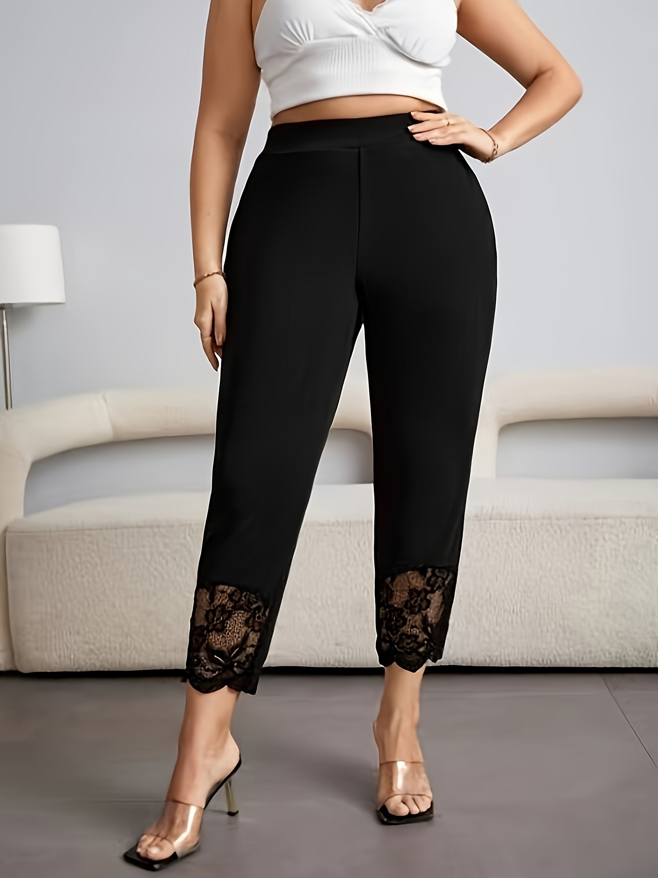 Plus Size Casual Pants, Women's Plus Solid Contrast Lace Elastic High Rise  Medium Stretch Tapered Leg Crop Trousers