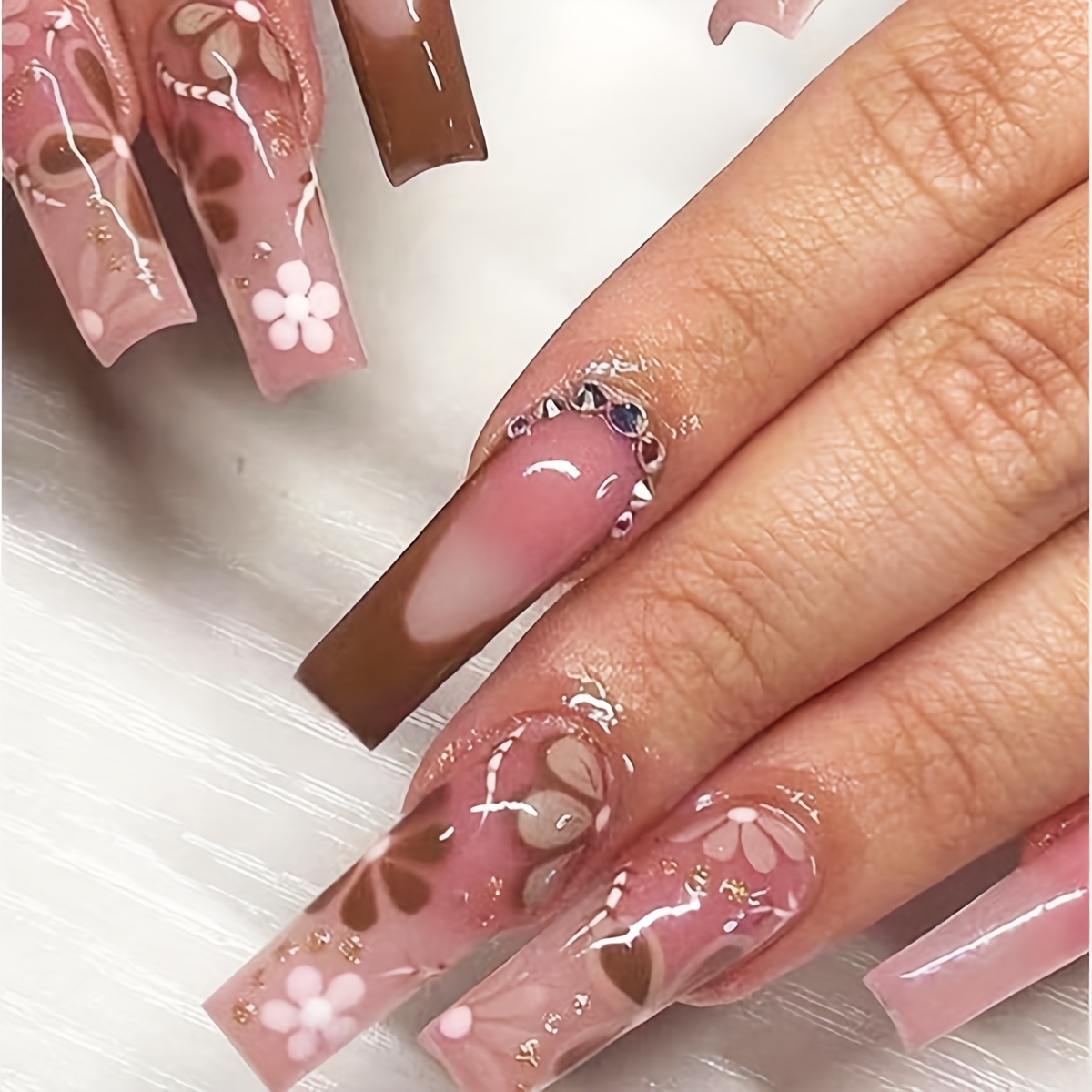 Long Ballerina Press On Nails With Rhinestones brown And - Temu