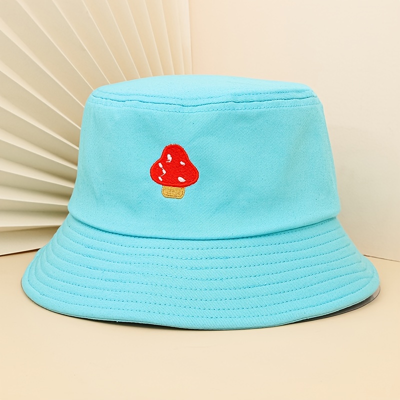 Cute Mushroom Embroidery Bucket Hat, Solid Color Women Fisherman Man unisex Cotton Sun Hats,Temu