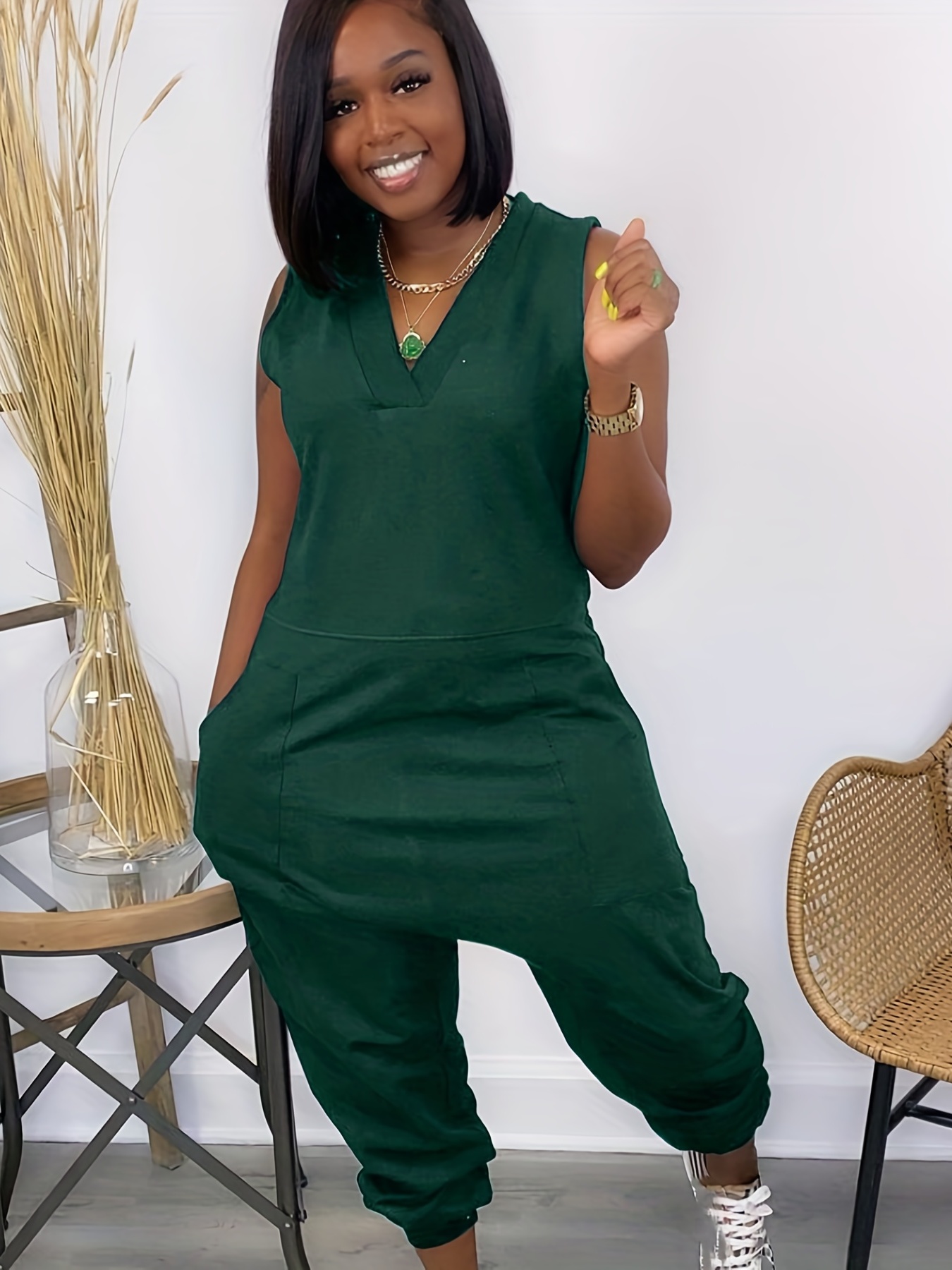 Sleeveless V Neck Jumpsuit Solid Baggy Summer Casual Jumpsuit