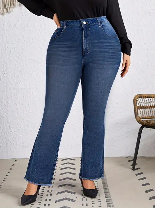 Plus Size Casual Denim Jeans, Women's Plus High * Button Fly Fringe Trim  Washed Flare Jeans