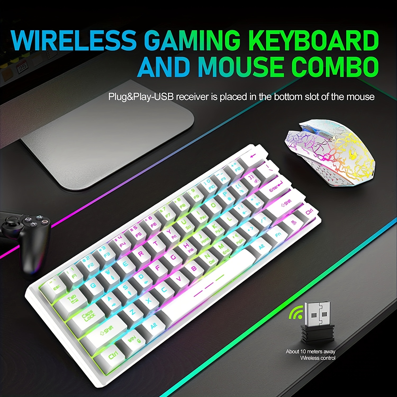 Wireless gaming Keyboard and Mouse,Rainbow Backlit Rechargeable Keyboard  Mouse with 3800mAh Battery Metal Panel,Removable Hand Rest Mechanical Feel