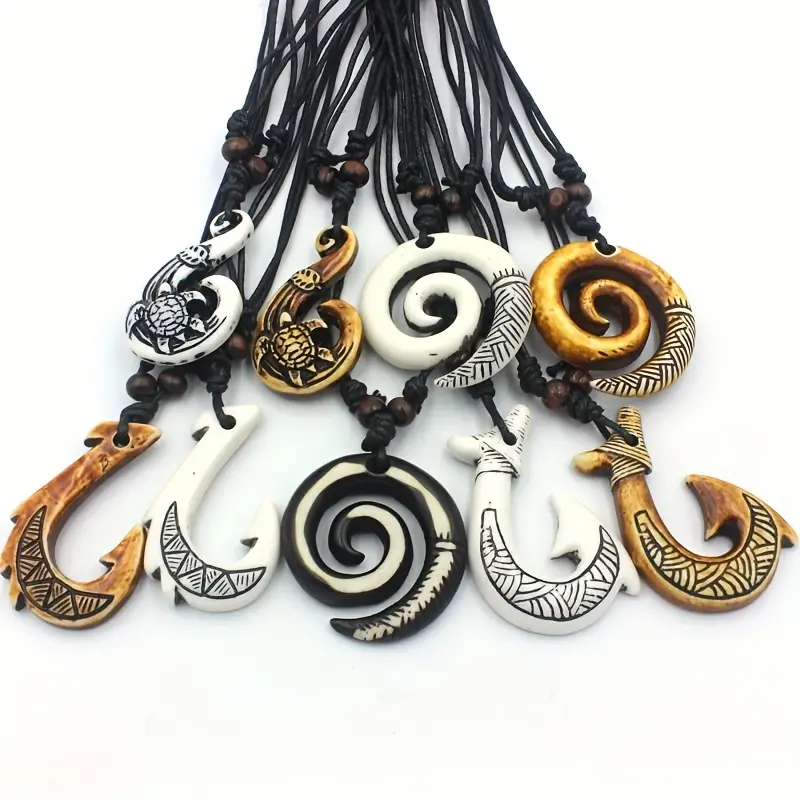 9pcs Trendy Creative Cow Bone Carved Pendant Necklace Maori Fish Hook Retro  Tribal Decorative Accessories For Holiday Party Gift Men Accessories
