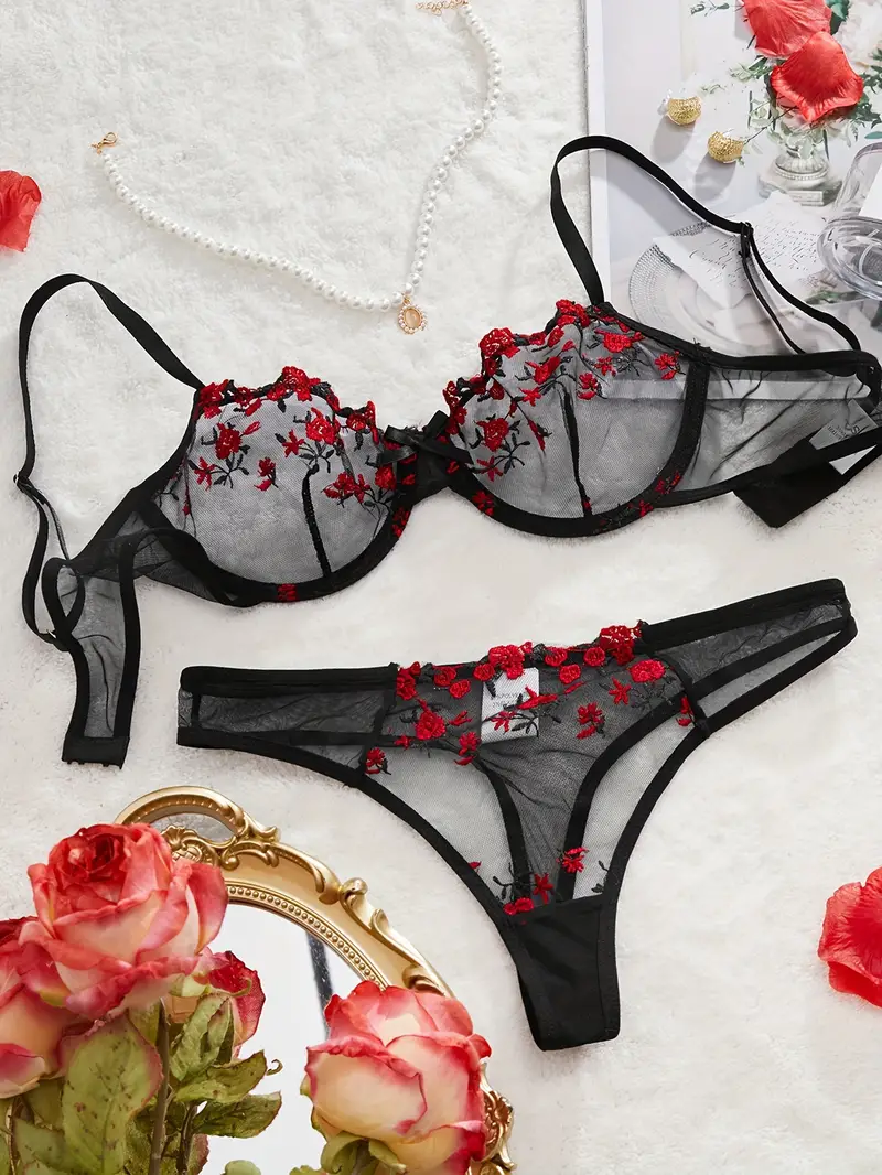 Floral Embroidery Lingerie Set Sheer Bow Tie Unlined Bra - Temu