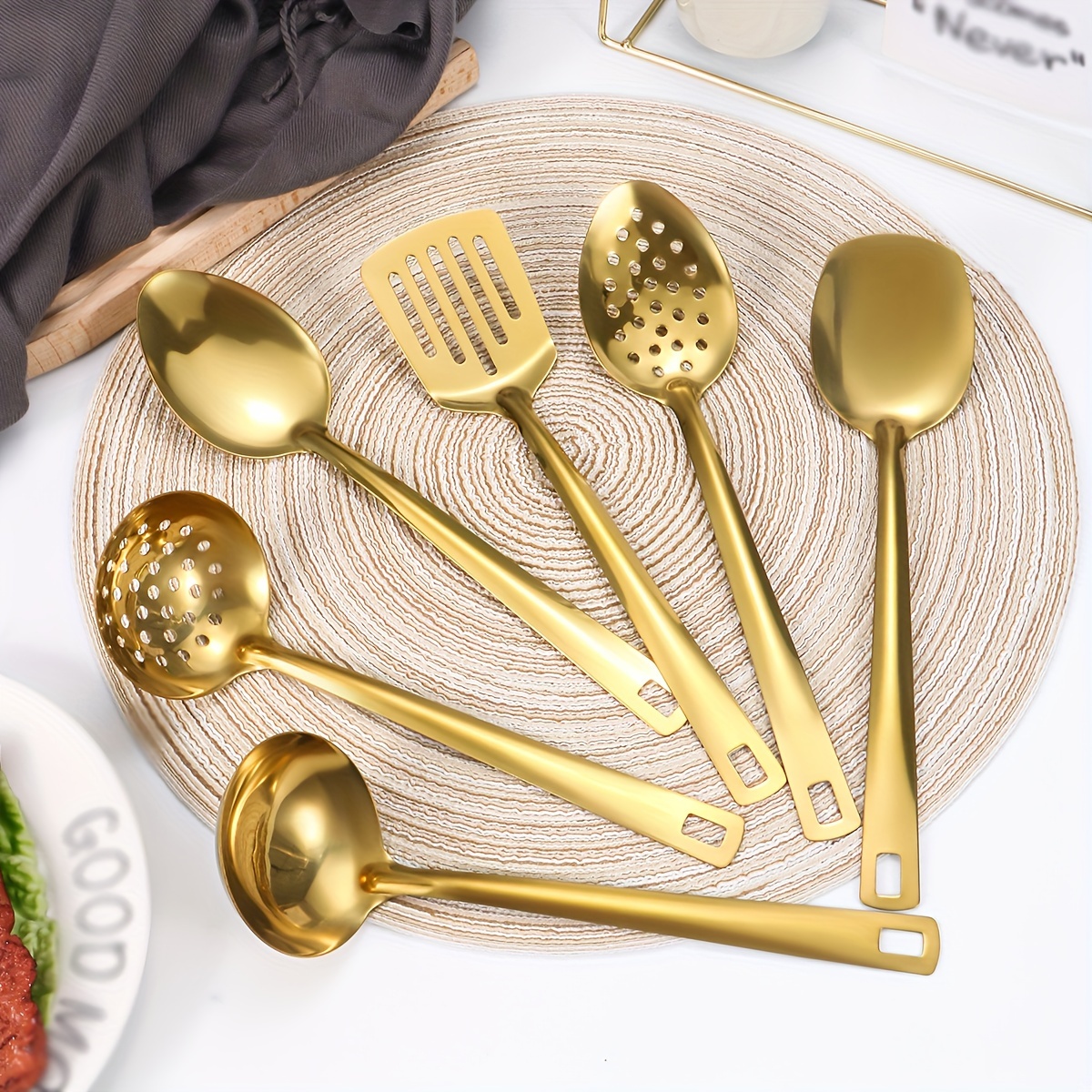 Image of 6pcs Stainless Steel Serving Utensil Set Serving Spoon Serving Slotted Spoon Turner Slotted Turner Soup Ladle Skimmer Serving Fork And Spoon Utensil Set Kitchen Utensil Set