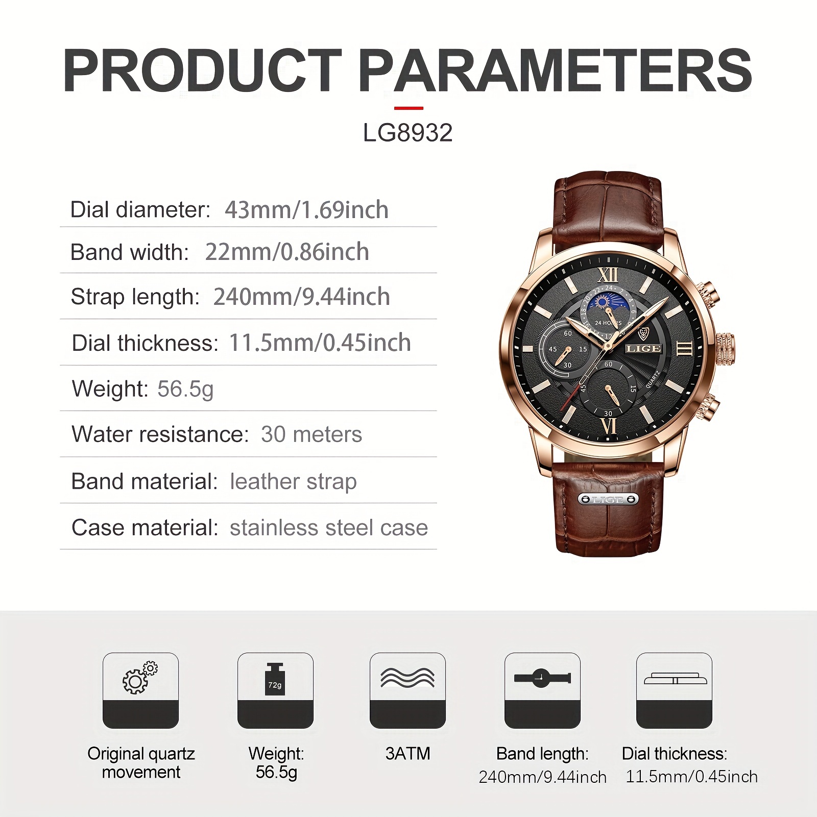 LIGE Men Watches Leather Waterproof Luminous Quartz Wristwatch
