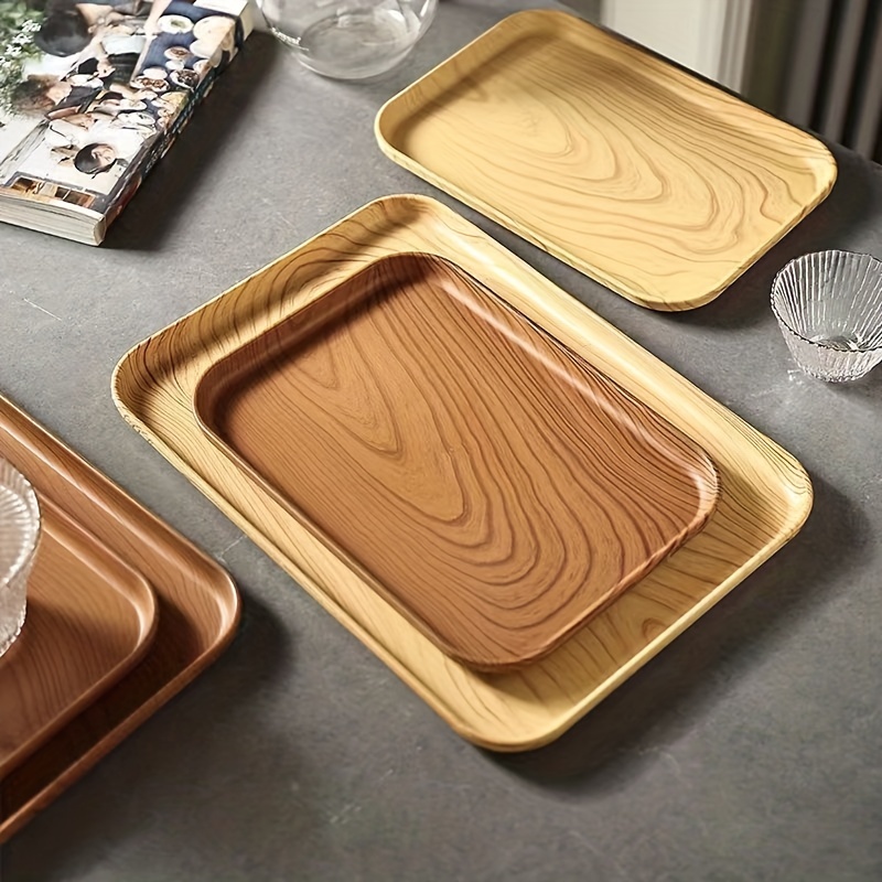 1pc Light Wood-colored Plastic Rectangular Coffee Tray, Tea Cup Tray,  Plastic Wood Grain Dessert Tray, Decorative Fruit Tray, Breakfast Tray,  Multifunctional Snack Tray, Kitchen & Dining, Kitchen Decor, Ideal For Food  Party