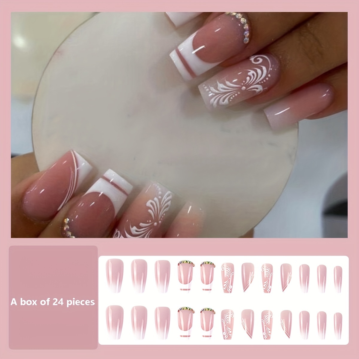 Künstliche Nägel Mittellang Mit Blumen & Strass – 24-teiliges Set In Rosa & Weiß Inkl. Kleber & Feile