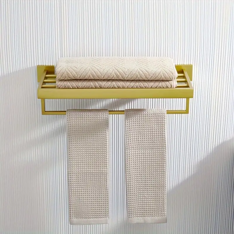 1pc luxe metal towel rack with shelf wall mounted heavy duty stainless steel bathroom towel bar with storage design Product details 0