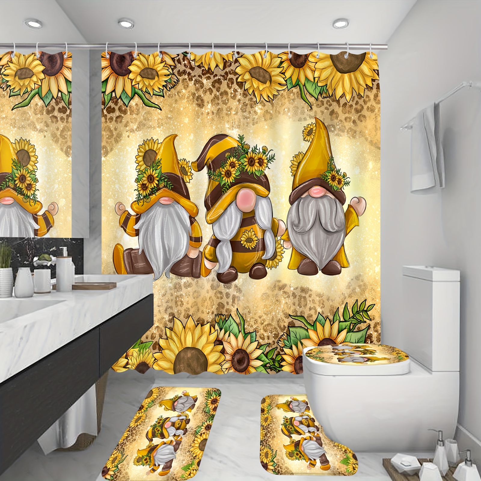 Gnome Shower Curtain Set Sunflower Waterproof Shower Curtain - Temu